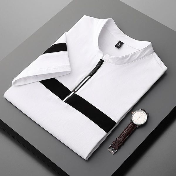 

fashion all-match men's polos shirts summer arrival stand collar men clothing casual cotton fashion patchwork slim mens t-shirts, White;black
