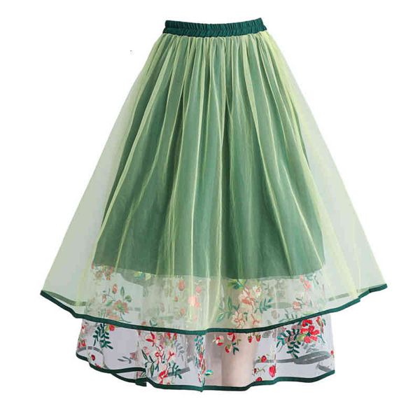 

skirts women high waist mesh summer thin floral embroidery vintage a-line long femme faldas mujer k40i, Black