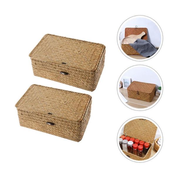 

storage baskets 2pcs seaweed woven box basket with lid sundry organizer case container