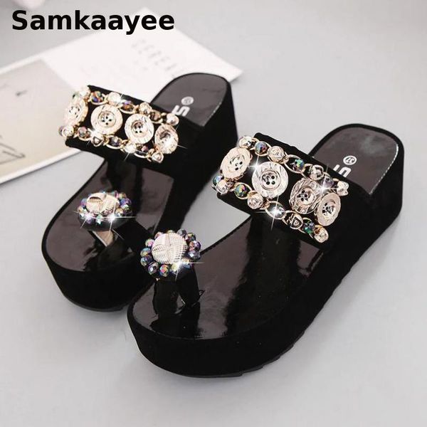

size 35-40 womens slippers summer female wedges flip flops crystal shoes mujer platform slides 5cm heels thick bottom zapatos 35, Black