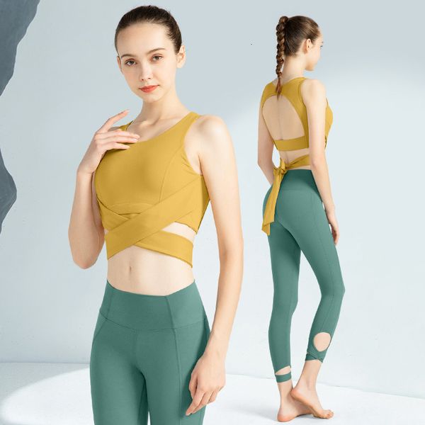 

tracksuits ladies sports suit vest set women's summer net red back open navel with chest pad running training clothes, Gray