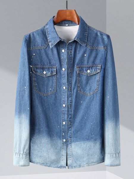 

men painting splash ombre denim shirt r6d6#, Blue