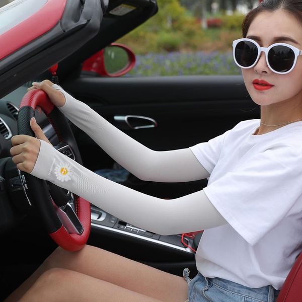 

five fingers gloves anti-slip sunscreen women mittens little daisy silk sleeve lady breathable outdoor driving riding sports arm, Blue;gray