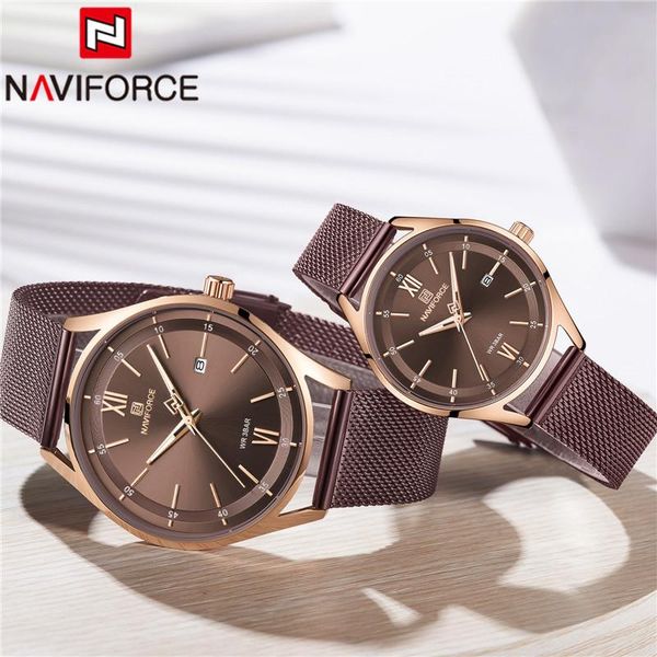 

wristwatches naviforce men women couple wristwatch waterproof man watch stainless steel fashion quartz male lady clock 3013, Slivery;brown