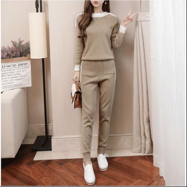 

autumn winter womens tracksuits women knitted tracksuit two piece suite long sleeve sweater pullover set elastic waist trousers suit, Gray