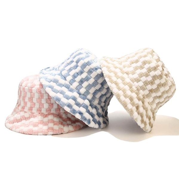 

wide brim hats 2021 winter plaid fluffy hat artificial fur warm bucket for women cow print plush velvet fisherman, Blue;gray