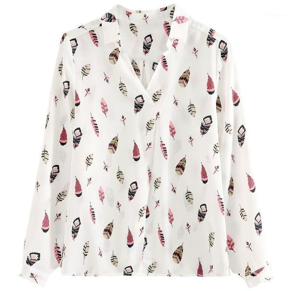 

blouses woman 2021 long sleeve women shirts v-neck white print chiffon blouse womens and blusas c137 women's &