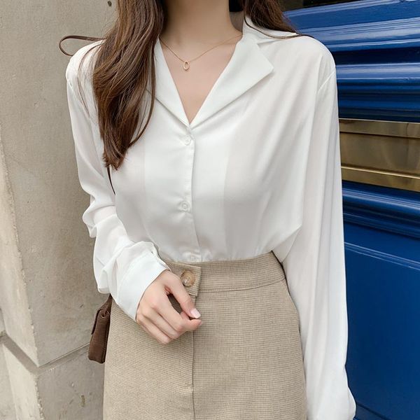 

chemisier femme 2021 white blouse notched long sleeve button shirt women autumn womens korean fashion woman clothes women's blouses &