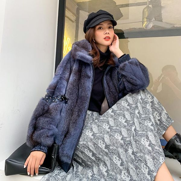 

women's fur & faux 2021 luxury winter jacket women natural real mink coat rivet turn-down collar thick warm outerwear fashion streetwea, Black