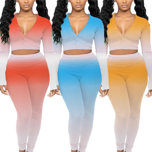 

fashion women two piece outfits gradient t shirt trousers portable buckle casual suits lady v-neck long sleeve pants set jck, White