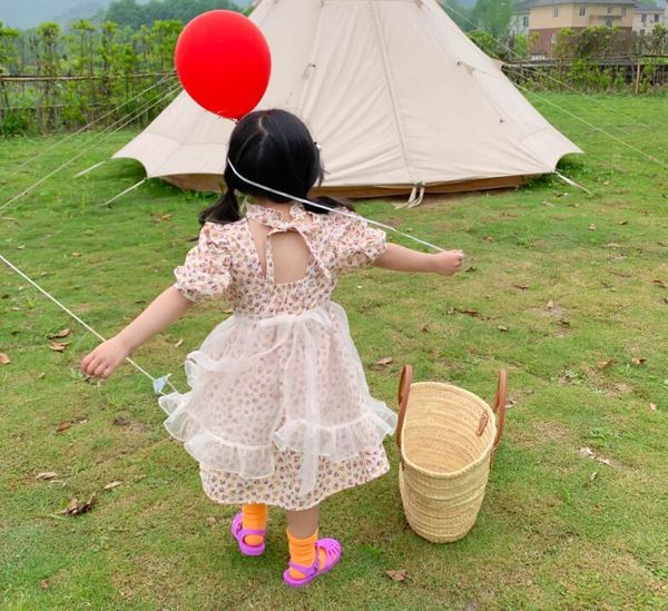 

retail 2021 summer baby girls printed dress with mesh apron , princess kids sweet clothing 2-7t girl's dresses, Red;yellow