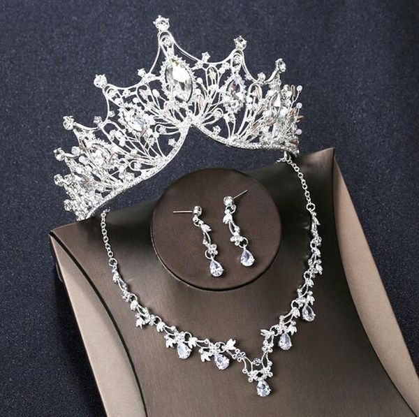 

crown necklace earrings set wedding bridal headpieces woman fashion accessories floral design crystal rhinestones matching party dresses bir, Silver