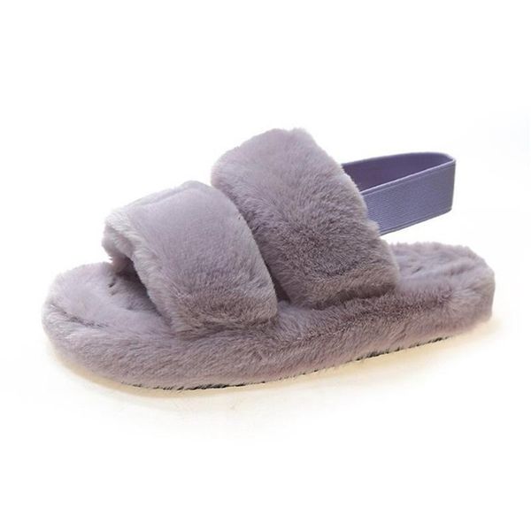 

women fluffy house slippers comfy fur slides outdoor with back elastic, Black