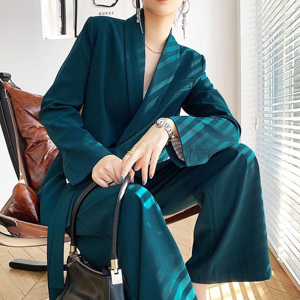 

vintage fashion 2 piece outfits women solid color simple blazers and high waist loose trousers office lady suit women's two pants, White