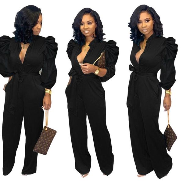 

women's jumpsuits & rompers casual puff sleeve bandage jumpsuit, Black;white