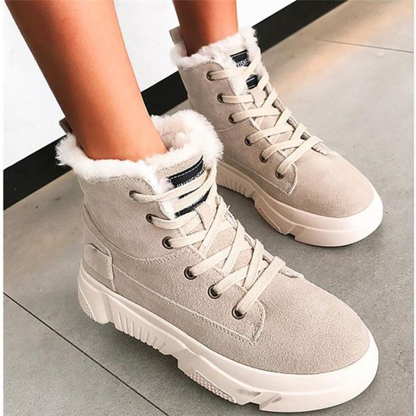 

boots female snow platforms winter lace up flock warm short-plush lining cotton autumn plus velvet shoes 40, Black