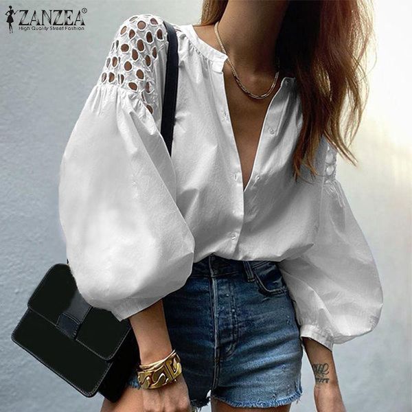 

women's blouses & shirts zanzea women vintage blouse 2021 summer office lady puff sleeve button up casual solid patchwork hollow out ov, White