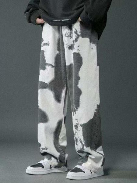 

men's jeans high street tie-dye fashion casual oversize denim pants korean style hip hop loose straight streetwear, Blue