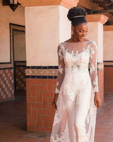 

other wedding dresses boho beach modest 3 pcs jumpsuit 2021 backless with long sleeve cloak lace appliqued bridal gowns vestido de nov, White
