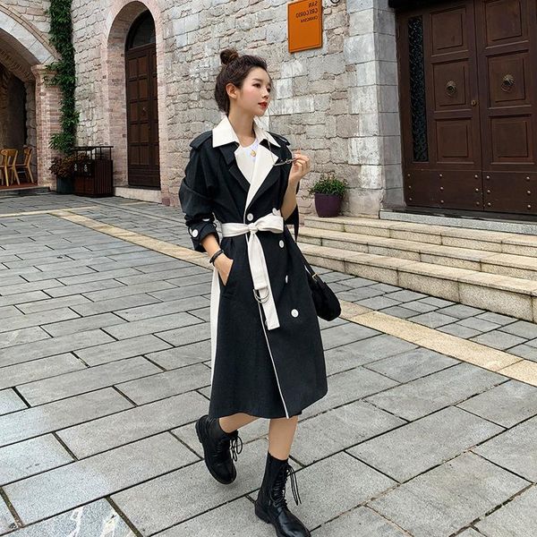 

women's trench coats [ewq]2021 autumn contrast patchwork windbreaker mid-length college style over the knee fashion trendy loose coat, Tan;black