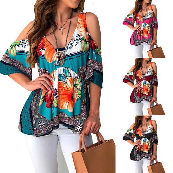 

women's 2019 new off shoulder v-neck print s-3xl, White