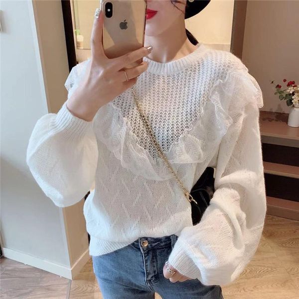 

casual sweater loose pullover solid color puff sleeve round neck female autumn lazy lace stitching sweaters vestidos lxj784 women's, White;black