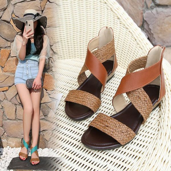 

sandals fashion women fish mouth leather canvas weave wedge heel shoes zipper casual beach roman, Black