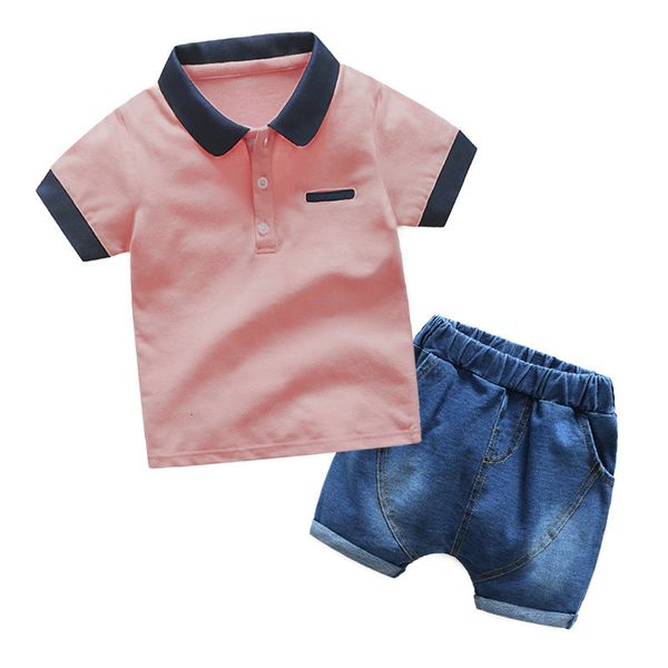 

summer boys' casual polo short sleeve t-shirt denim shorts 2-piece children's wear, Blue