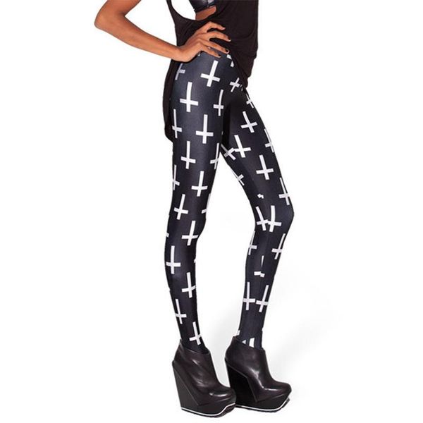 

women's leggings modis women high elastic with white crosses girls fashion casual legging tenths pants, Black