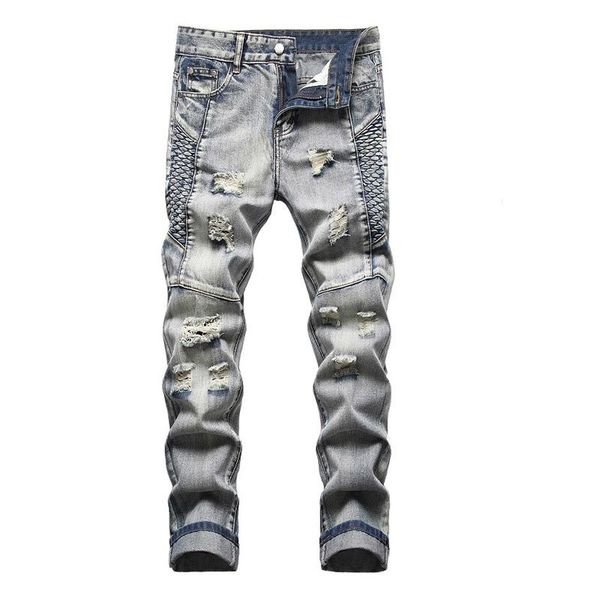 

men's jeans 2021 ripped pleated men vintage holes casual denim trousers streetwear washed pants, Blue