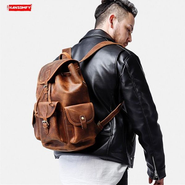 

backpack men's business portable retro handmade lapshoulder bag travel multi-function backpacks genuine leather