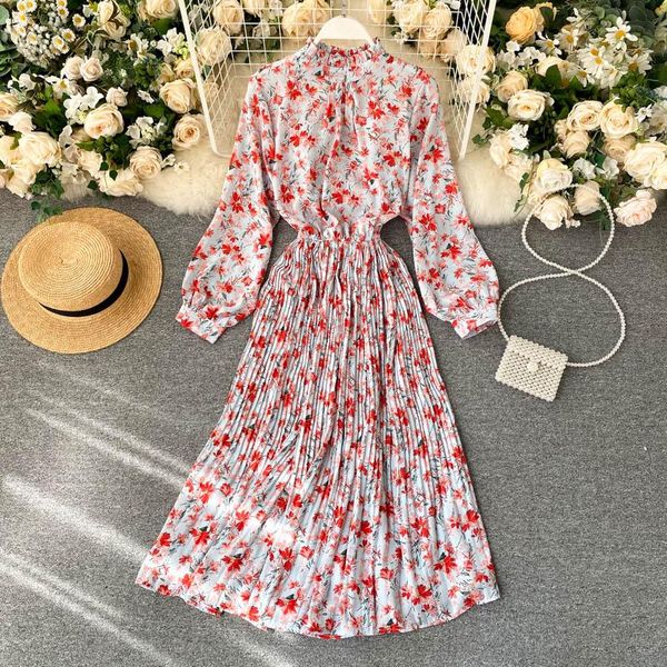 

casual dresses floral print dress autumn 2021 fashion women's sweet wooden ear stand collar high waist pleated long sleeve vestidos h83, Black;gray