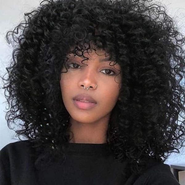 

synthetic wigs afro wig with bangs for black women short curly kinky hair heat resistant daily