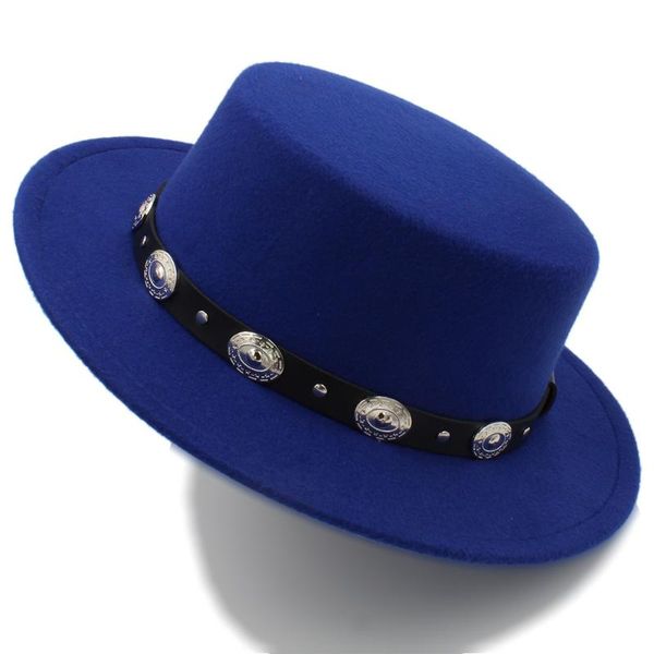 

stingy brim hats fashion wool women flat homburg fedpra hat winter autumn elegant lady pork pie boater with punk belt, Blue;gray