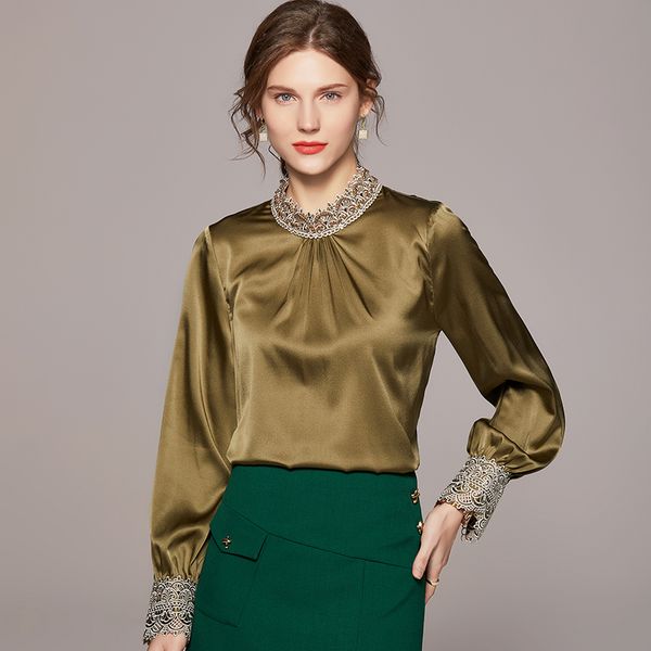 

95% silk 5% spandex women's shirts stand collar embroidery long sleeves pullover fashion casual blouse, White
