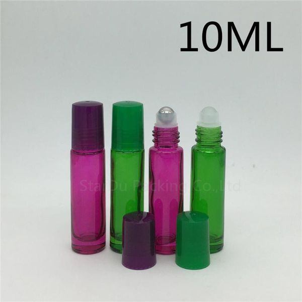

10pcs/lot 10ml green roll on perfume bottle, purple essential oil rollon bottles, small glass roller container storage bottles & jars