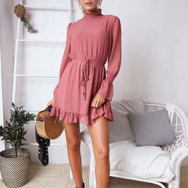 

casual dresses 2021 spring vintage ruffle pink beach mini dress elegant mesh turtleneck long sleeve black chiffon vestidos, Black;gray