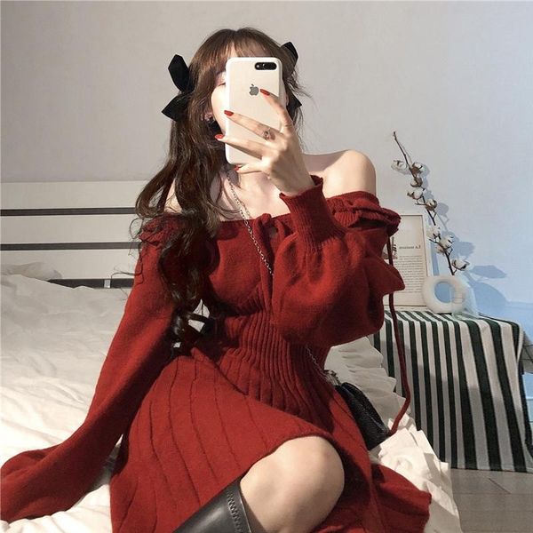 

casual dresses a-line red women fashion winter vintage long sleeve knitted short dress bow korean style female clothes 2021, Black;gray
