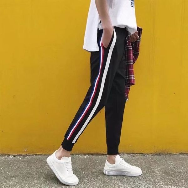 

mens sweatpants fashion casual pencil pants active striped print capris pants teenager high street clothes s-5xl males pants, Black