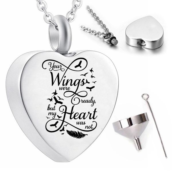 

ashes urn pendant necklace cremation jewelry series with lettering -your wings were ready but our hearts were not, Silver