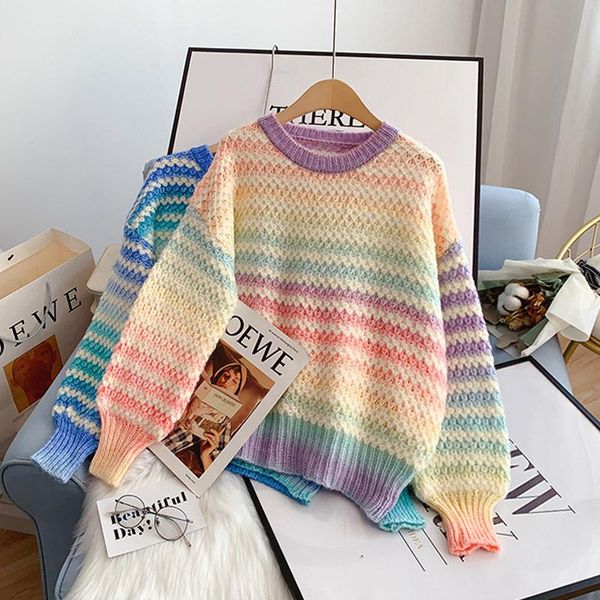 

women's sweaters ebaihui sweater women striped o-neck pullover rainbow gradient color harajuku sweet jumper knitted chic autumn winter, White;black