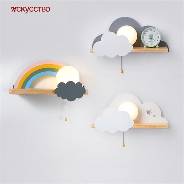 

wall lamp nordic creative rainbow clouds wooden shelf with zipper switch baby bedroom bedside led night lights kids home deco