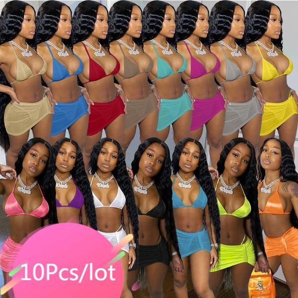 

women's swimwear bulk item wholesale lots summer 3 piece bikini set halter bar cover up mini skirts and panties matching beach swi, White;black