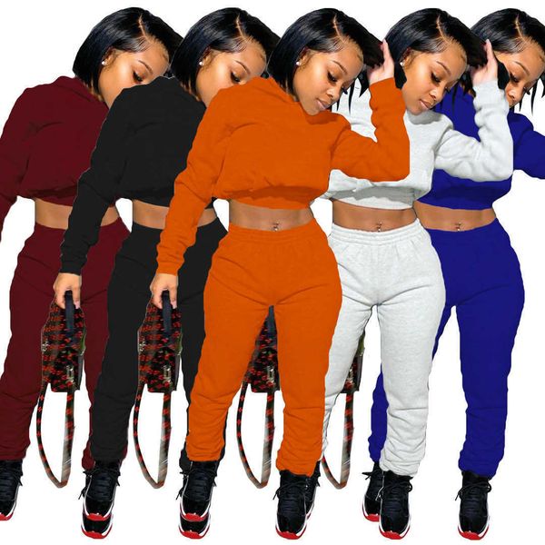 Mulheres Tracksuits Dois Peças Definir Moda Casual Sólido Sólido Pulôver Com Capuz Com Bolso Drawstring Pencli Calças Party Ladies Lazer Ternos 2022