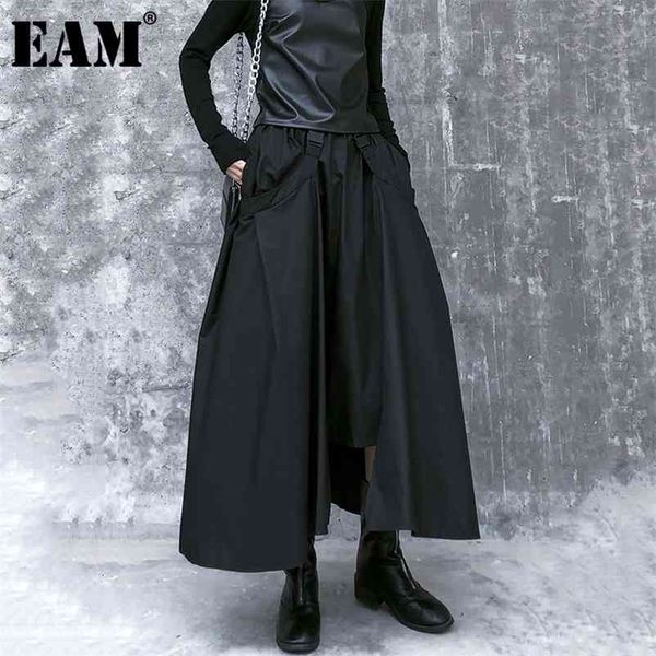 

[eam] high elastic waist black buckle split joint irregularhalf-body skirt women fashion tide new spring autumn 1da108 210325