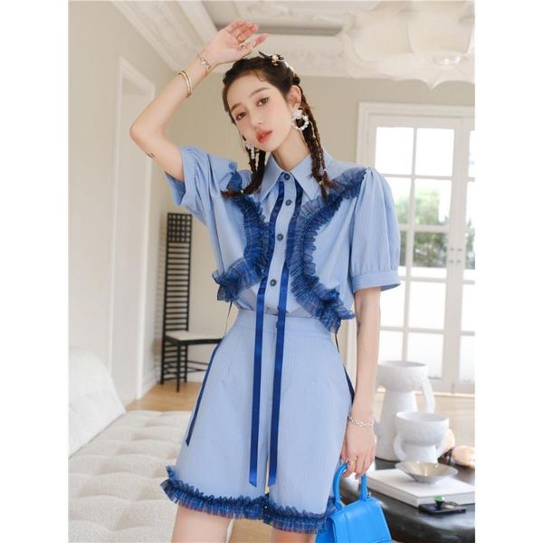 

women's pants & capris women summer net yarn ruffled puff sleeve shirt straight suit short elastic high waist wide leg shorts 2-piece s, Black;white