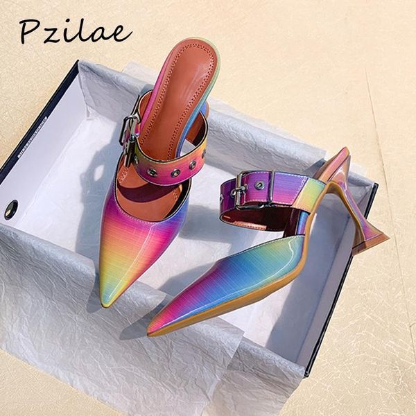 

dress shoes pzilae women mules high heels rainbow pumps ladies slip on pointed toe patent leather buckle strap, Black