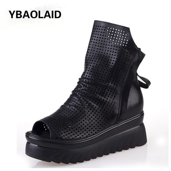 

sandals cowhide sponge cake thick-soled spring and summer fashion fish mouth breathable inner belt double zipper hole shoes, Black
