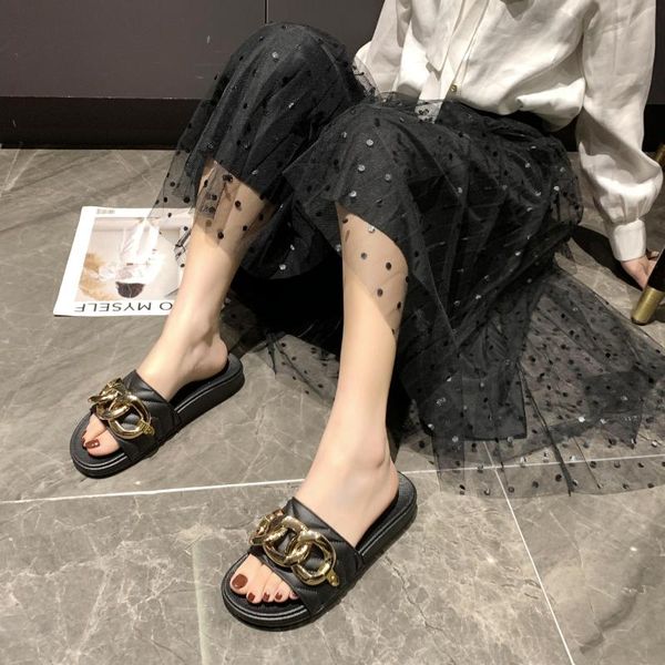 

slippers icclek women metal chain open toe candy colors flat platform casual slide ladies summer beach flip flops, Black