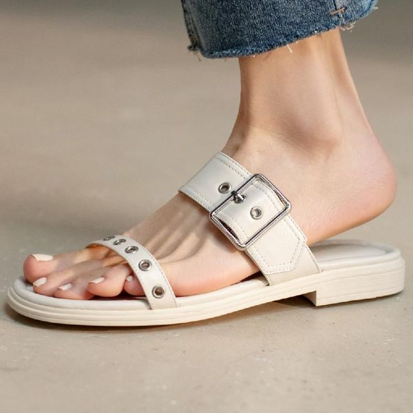 

sandals women's genuine leather metal buckle slip-on flats open toe summer river hollow-out casual slides leisure mules shoes, Black